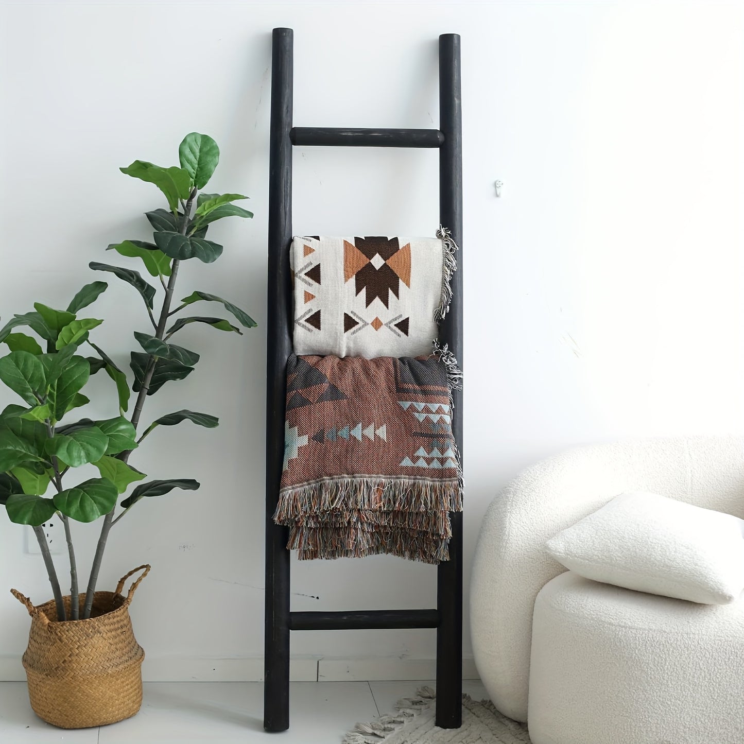 Blanket Ladder 57 Inch Wood Freestanding Farmhouse Quilt & Towel Display Rack - Rustic Wooden Wall Leaning Holder for Living Room, Bedroom & Bathroom Decor, Available in Brown, Black & White