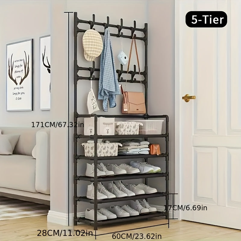 Shoe Rack Organizer with 8 Double Hooks & Multi-Layer Storage Shelves – Floor Standing Coat Hat Holder for Entryway Bedroom Living Room
