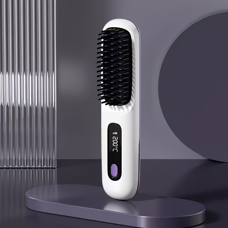 Cordless Hair Straightening Brush – Mini Rechargeable Portable Straightener Comb for Travel Daily Styling, Fast Heating Anti-Scald Frizz Control for All Hair Types, Black & White