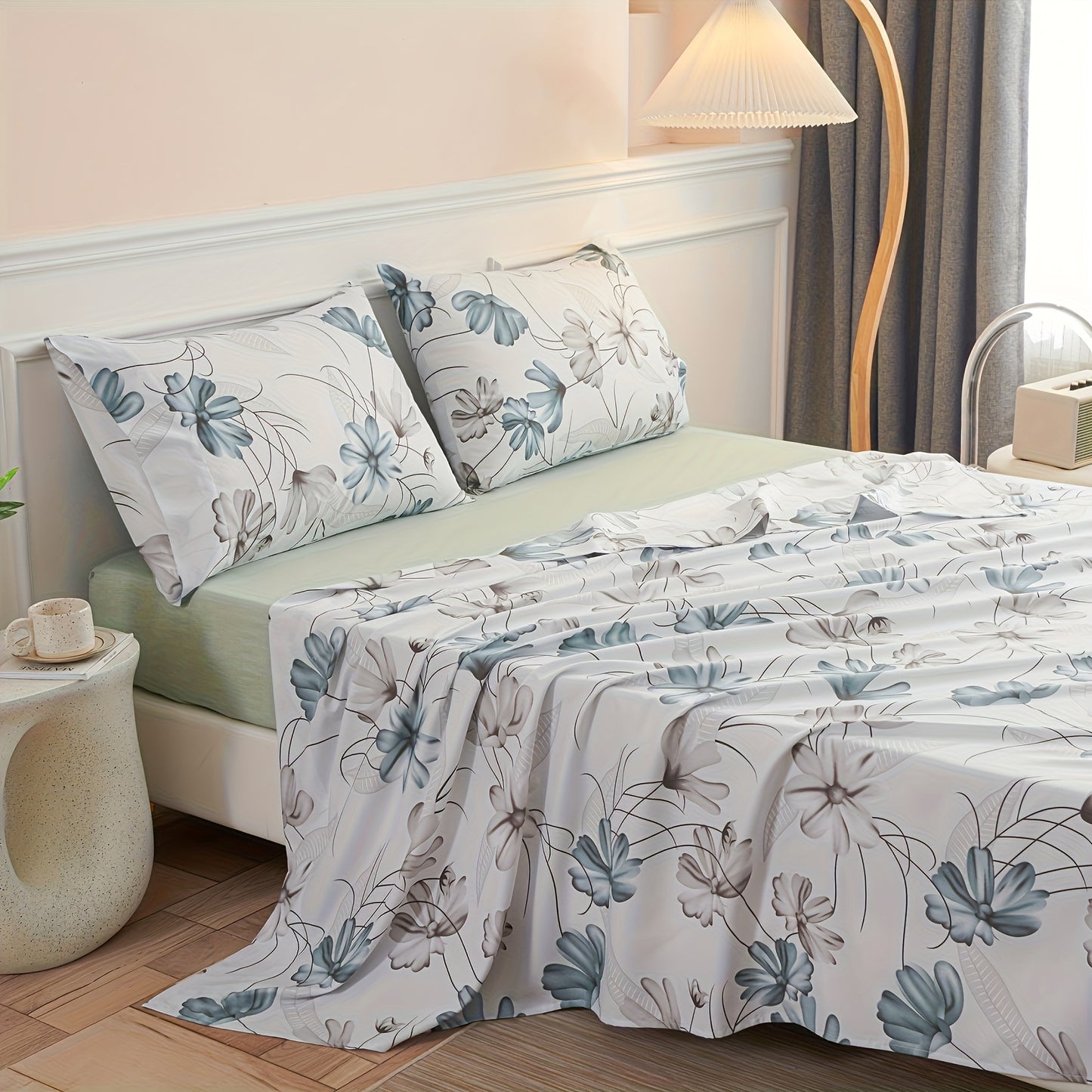 Bed Sheets Set 4pcs Deep Pocket Fitted Sheet & Pillow Cases | Soft Floral Bedding Twin Full Queen King – White Pink Green
