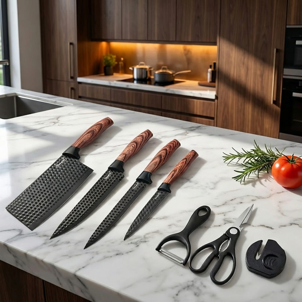 Chef Knife Set 7 Piece High Carbon Stainless Steel Ultra Sharp – Anti-Stick Ergonomic PP Handle, Includes Slicing Knife, Scraper, Scissors & Whetstone, Gift Box for Home, Family & Travel