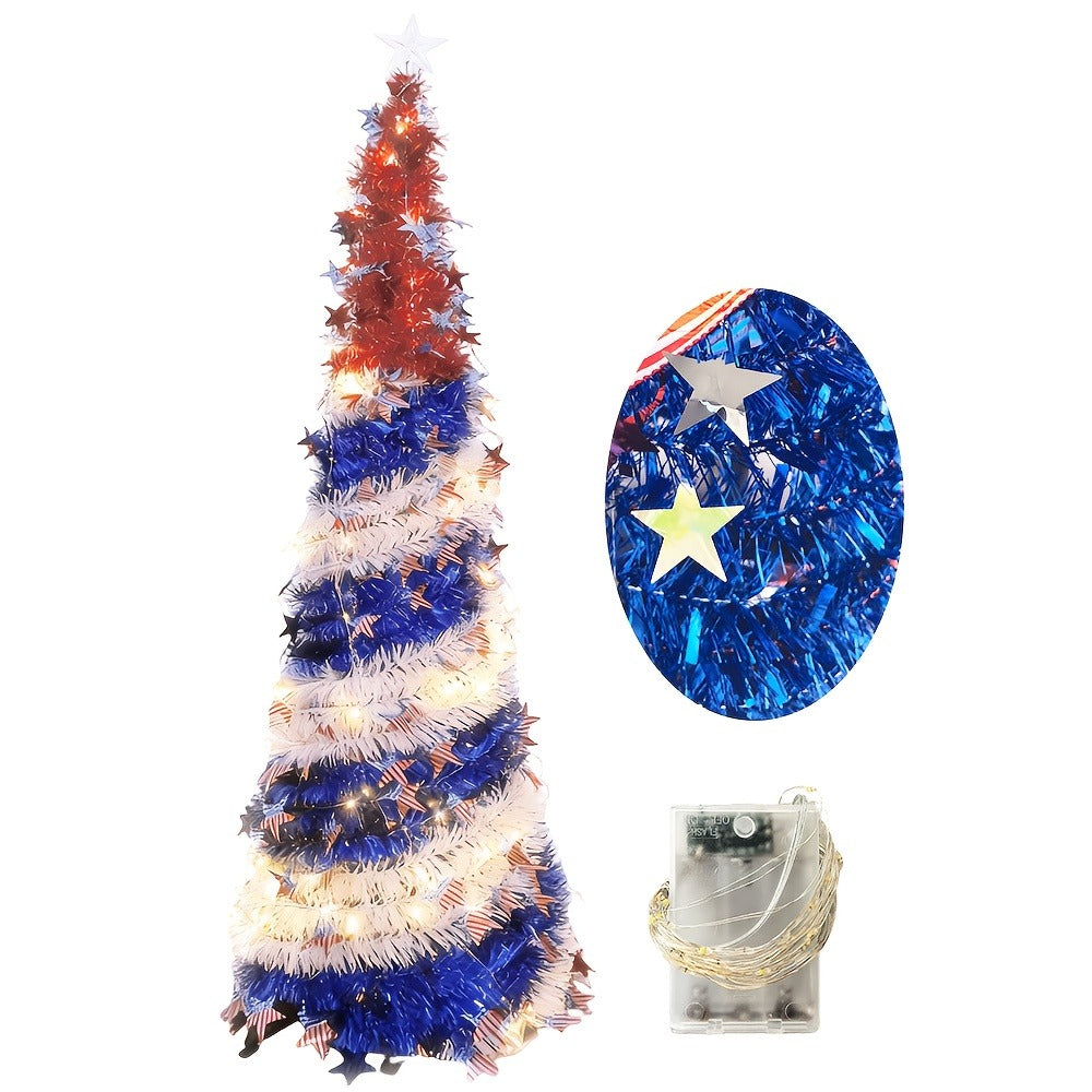 4th of July Patriotic Decoration Tree 5ft – Foldable LED Light String with Red White Blue Stars & Stripes, Independence Day Party Decor, Patriotic Theme Display Tree, Summer Holiday Gift