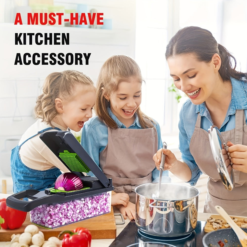 Vegetable Chopper 16-in-1 Multifunctional Food Chopper Slicer & Dicer – Manual Kitchen Chopper with 8 Interchangeable Blades & Container for Fruits, Vegetables & Onions – 1-10L Capacity
