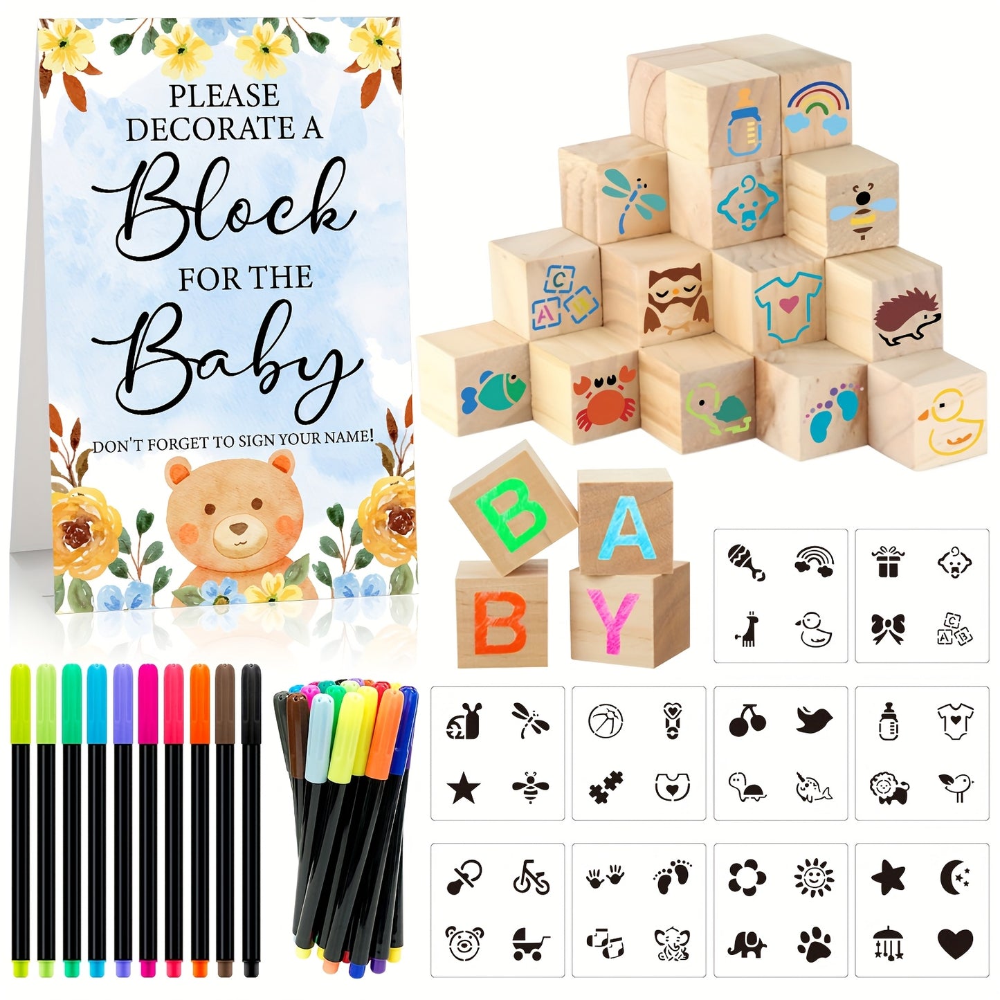 Wooden Block Stacking Game Party Kit 51pcs 30pcs – Baby Shower Tumbling Tower Decoration Sign Set Classic Flower Greenery Fox Bear Style No Electricity