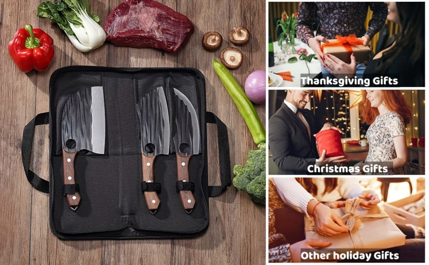 Viking Hand-Forged Butcher Knife Set – High Carbon Steel Meat Cleaver, Boning & Carving Knife, Vegetable Knife for BBQ & Camping, with Carrying Case