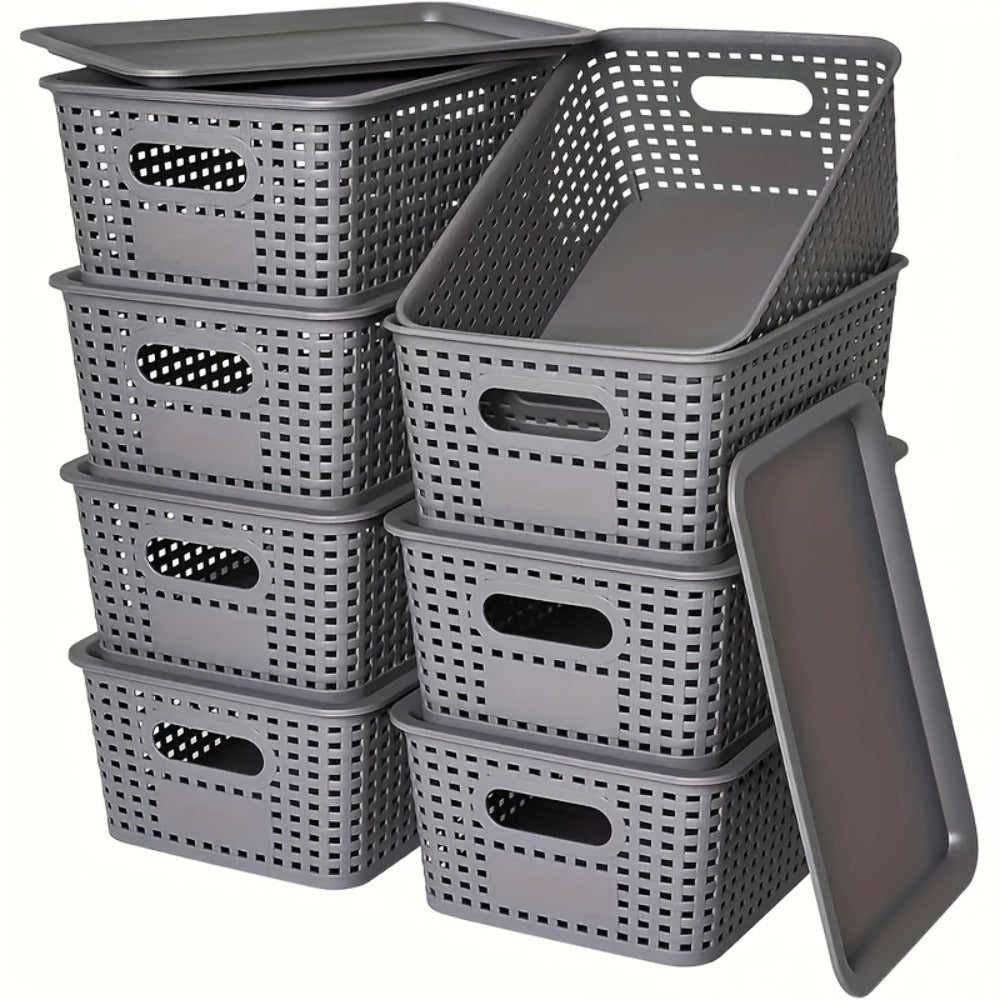 Storage Basket Set with Lids 8pcs – Plastic Desktop Organizer Bins for Document Storage, Shelf Organization & Home Office – Flip-Top Lid Baskets, White