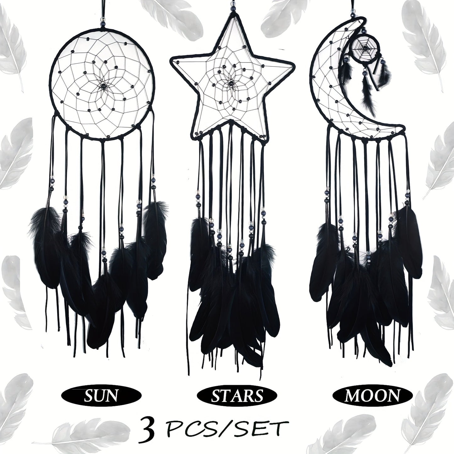 Dream Catcher Set of 3 - Moon Sun Star Wall Hanging Decor for Bedroom, Boho Room Decor for Teen Girls Kids, Princess Bedroom Decoration, 8 Inch Metal Hoop, Pink White Black Brown, Nursery Wall Art Gift