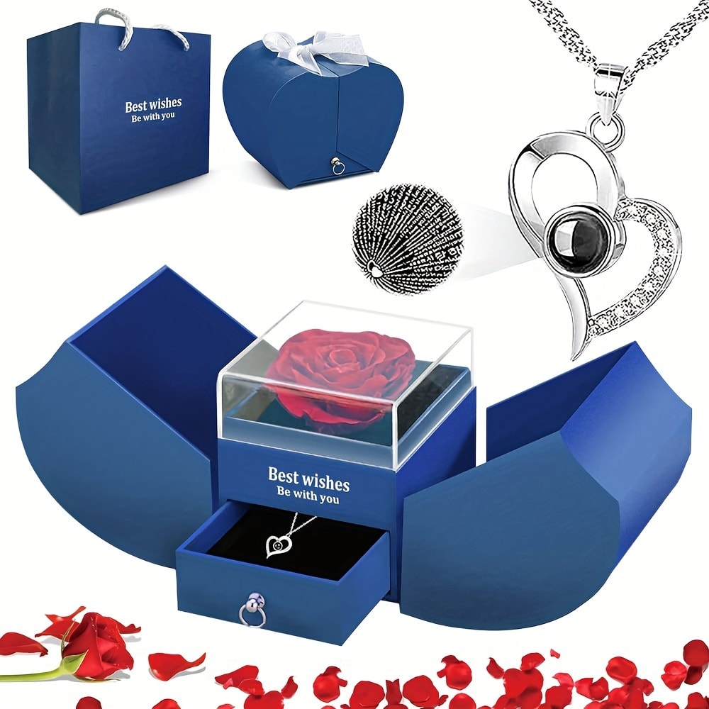 Preserved Real Rose Gift Box with I Love You in 100 Languages Necklace – Romantic Gifts for Girlfriend Wife Mom – Valentine's Day Birthday Mother's Day Christmas Gift Idea for Women