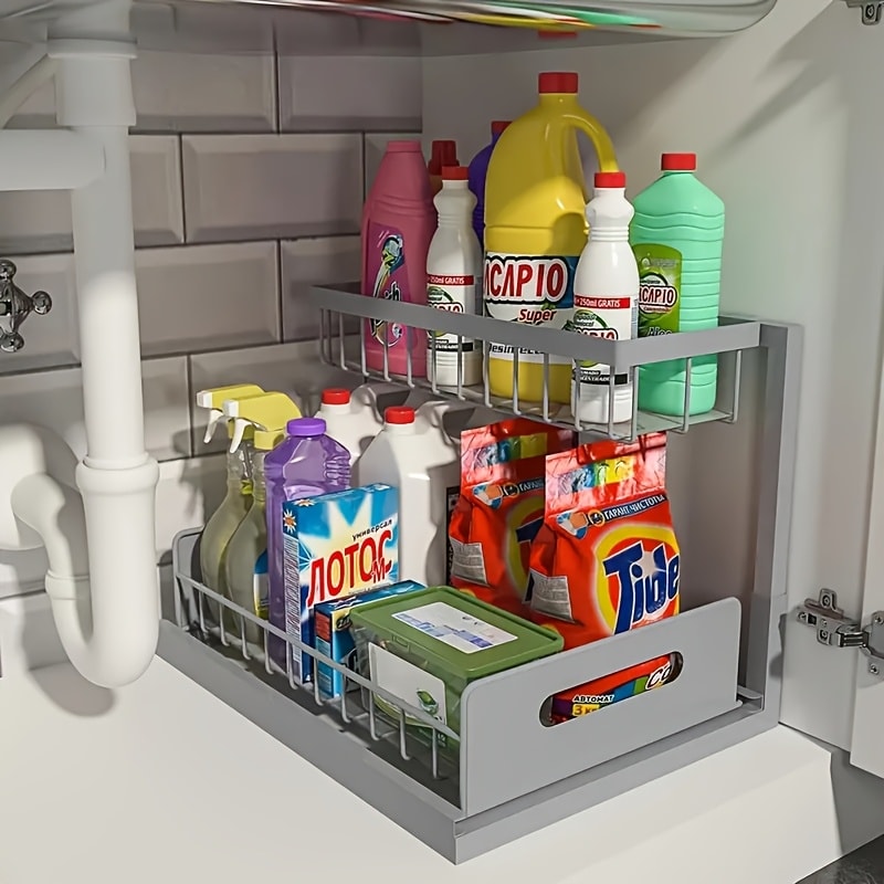 Under Sink Organizer Pull Out, 2-Tier Slide Out Cabinet Organizer with Adjustable Shelves, Under Sink Storage Rack for Kitchen Bathroom Cabinet Organization
