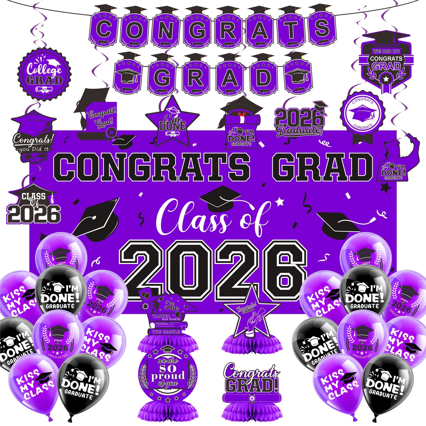 2026 Graduation Decorations Set – Congrats Grad Banner, Backdrop, Hanging Swirls & Honeycomb Table Toppers, Class of 2026 Party Supplies Kit