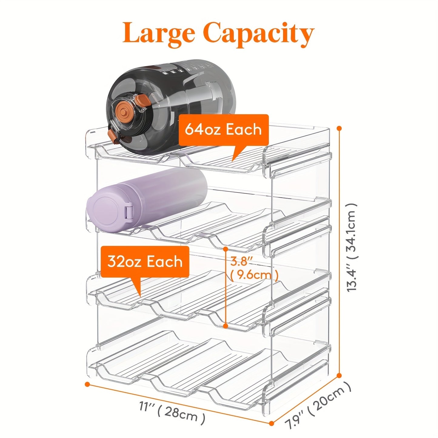 Stackable Water Bottle Organizer for Cabinet & Kitchen Pantry – Tumbler Travel Mug Cup Holder, Plastic Fridge Wine Rack, Holds 5/6/8/9/11/12 Bottles