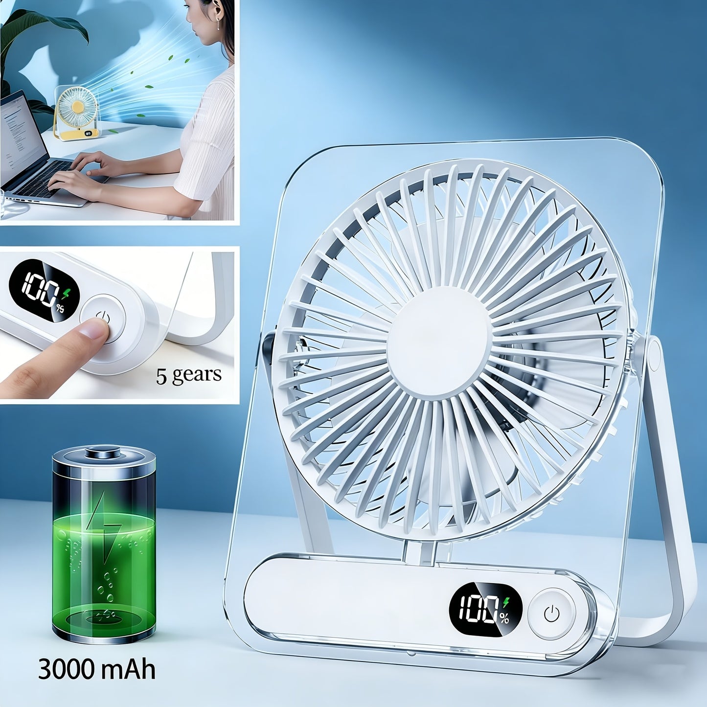 Portable USB Desktop Fan 3000mAh Battery, Ultra-Quiet 5-Speed Foldable Fan with 180° Adjustable Tilt and Digital Power Display, Small Personal Cooling Fan for Home, Office and Travel
