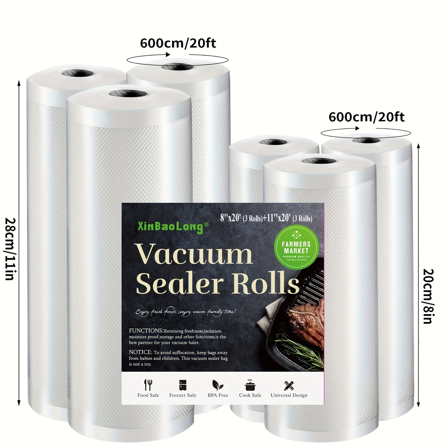 Vacuum Seal Bags for Food 6 Rolls BPA-Free Food Saver Roll Bags 236 Inch, 2 Sizes Vacuum Storage Roll Bags for Food Preservation, Kitchen Meal Prep, Sous Vide Cooking
