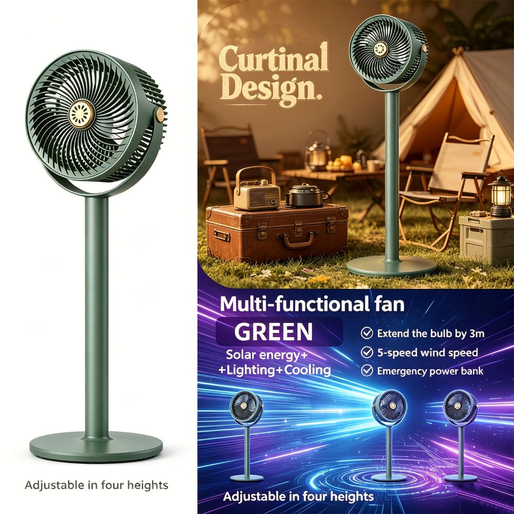 Solar Floor Fan 33-Inch Rechargeable 4000mAh USB Standing Fan Power Bank 2-in-1 360° Tilt 5-Speed 4-Height Adjustable for Indoor Outdoor Courtyard RV Camping