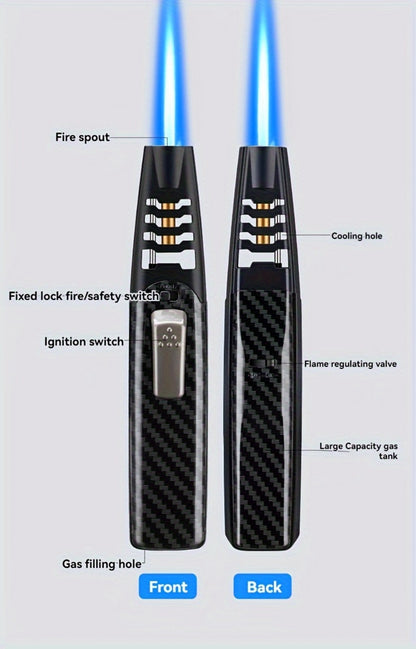 Kitchen Torch Lighter Carbon Fiber Windproof, Adjustable High-Temperature Flame with Safety Lock, Refillable Butane Culinary Torch for Baking, Creme Brulee, Caramel, Welding & Outdoor Use – Black & Gray (Butane Not Included)