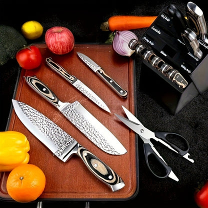 Kitchen Knife Set 15 Piece – Chef Knife Block Set with Self-Sharpening Wooden Block, Steak Knives & Hammered Stainless Steel Blades, Perfect Gift for Home Cooks & Men
