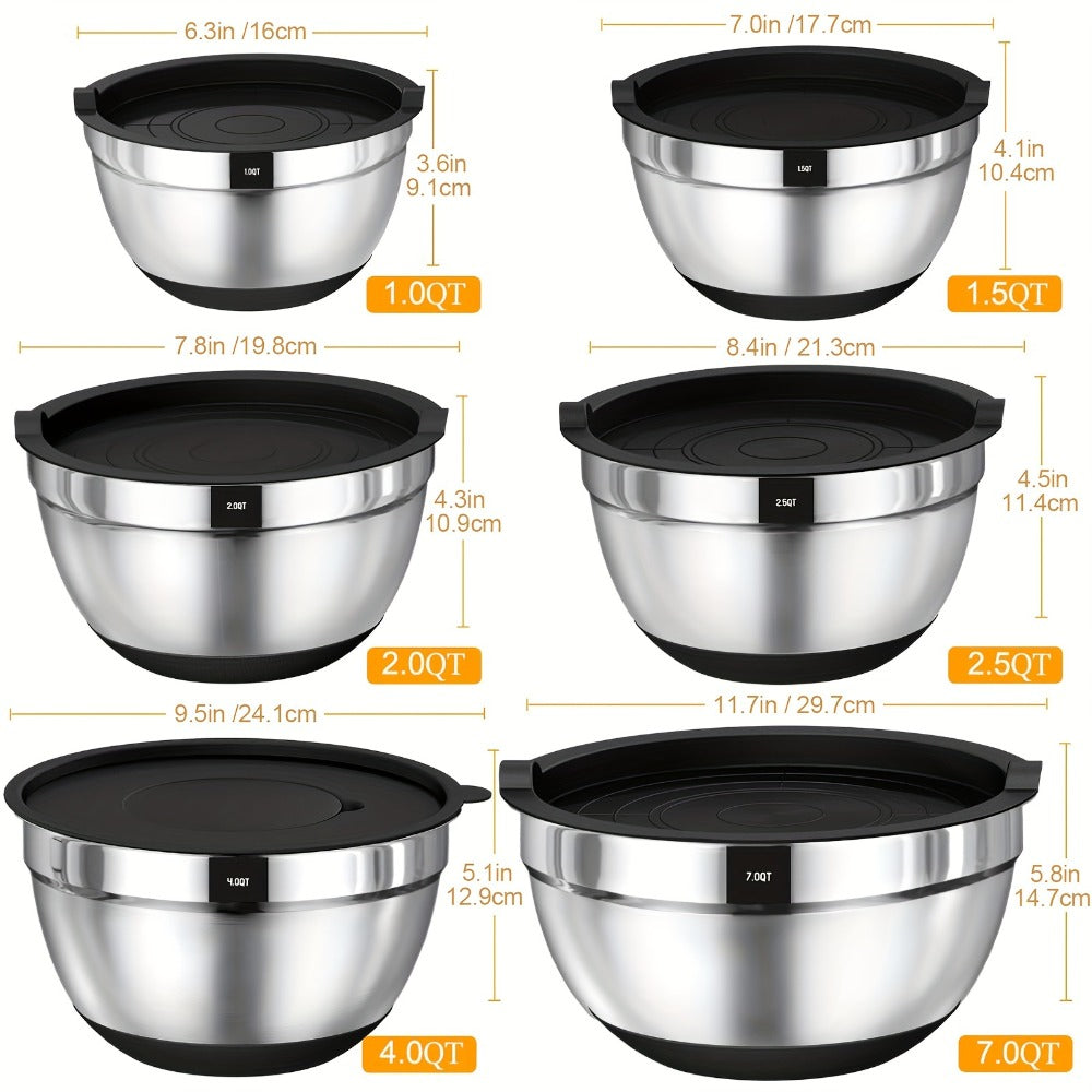 Mixing Bowls Set with Airtight Lids – 26pcs Stainless Steel Bowl Set with 3 Grater Attachments, Non-Slip Bottoms, Sizes 1–7QT – Kitchen Bowls for Mixing, Serving, Baking & Meal Prep