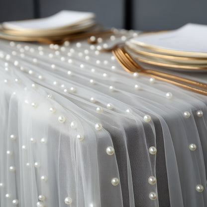 White Pearl Beaded Tulle Table Runner 2.5×9.8ft | Wedding Ceremony Backdrop, Birthday Party & Valentine's Day Romantic Decor, Sheer Mesh Fabric 3PCS