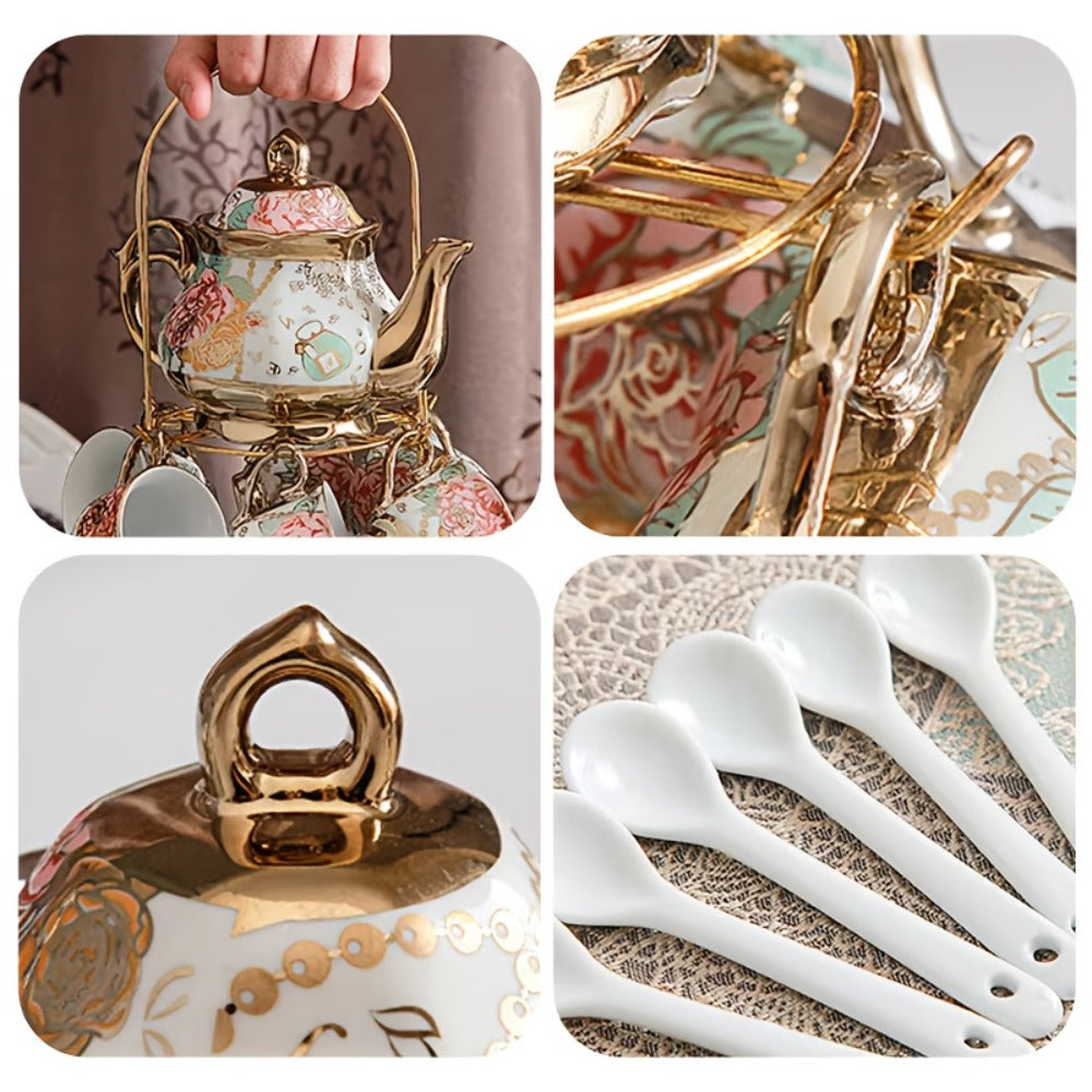 20-Piece Floral Ceramic Tea Set with Saucers & Metal Stand | European Afternoon Tea Service, Blooming Design, Complete Tea Accessories, Gift for Tea Lovers
