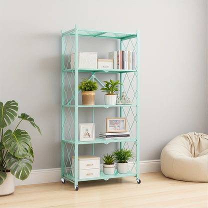 Foldable Storage Rack with Lockable Wheels 3 4 5 Tier Carbon Steel No Assembly Space Saving Floor Standing Shelf for Bedroom Balcony Garden