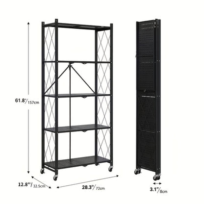Storage Rack 3-5 Tier Foldable Shelving Unit with Wheels - Portable Multi-Layer Floor Standing Utility Shelf Organizer for Bedroom Closet Kitchen Office Black White