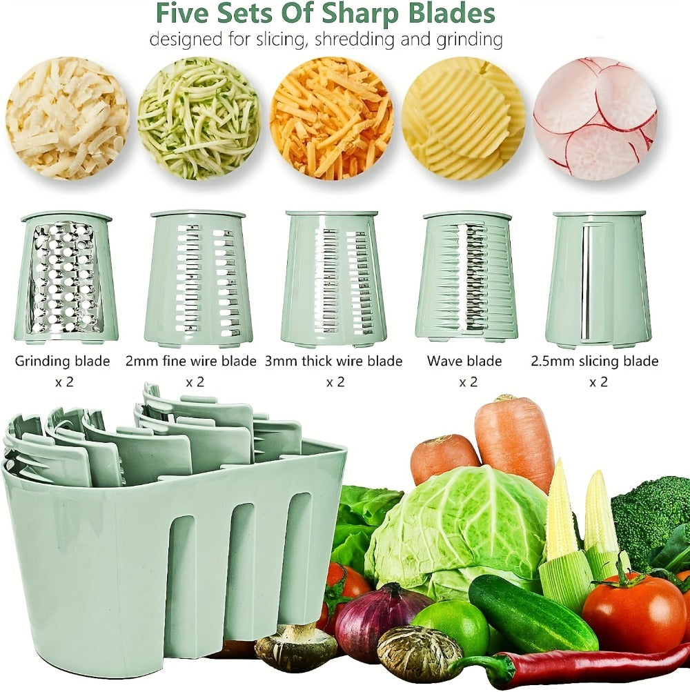 Rotary Cheese Grater with Interchangeable Blades – 5-in-1 Manual Vegetable Slicer Shredder Set, Suction Cup Base, Easy to Clean, Multifunctional Kitchen Tool for Fruits, Vegetables & Nuts
