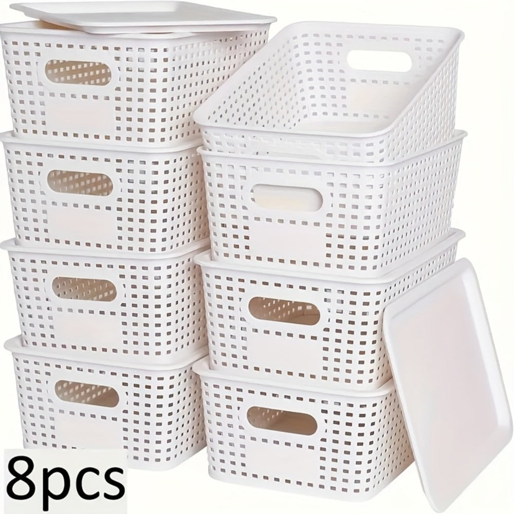 Storage Basket Set with Lids 8pcs – Plastic Desktop Organizer Bins for Document Storage, Shelf Organization & Home Office – Flip-Top Lid Baskets, White