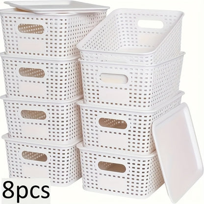 Storage Basket Set with Lids 8pcs – Plastic Desktop Organizer Bins for Document Storage, Shelf Organization & Home Office – Flip-Top Lid Baskets, White