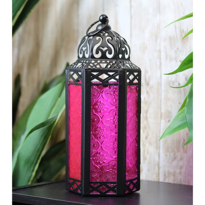 Moroccan Candle Lantern Holder - Decorative Metal & Glass Lantern with Embossed Floral Design for Indoor Home Decor, Garden, Patio, Weddings, Ramadan, Halloween & Holiday Celebrations - 10.5" Tall Medium Size