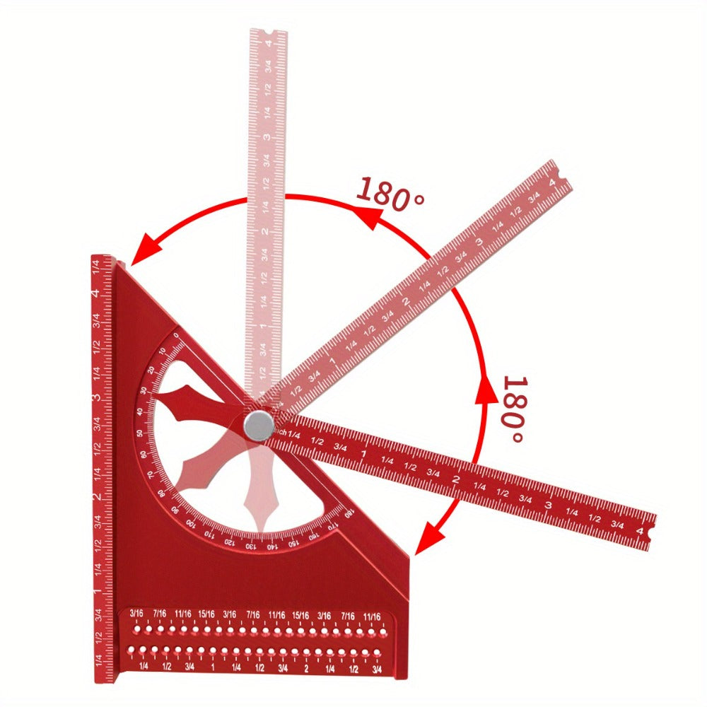 Adjustable 3D Carpentry Square Set 180° Rotating Aluminum Alloy Triangle Ruler T-Square with Scribing Holes Red Black Markings Woodworking Measurement Tool