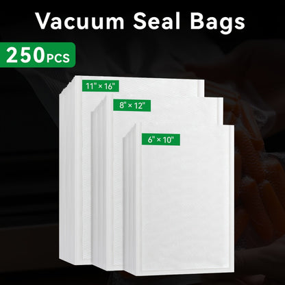 Vacuum Sealer Bags 250pcs - BPA-Free Food Storage Bags in 3 Sizes (6"x10", 8"x12", 11"x16"), Compatible with All Vacuum Sealing Machines for Meal Prep, Food Preservation & Sous Vide Cooking