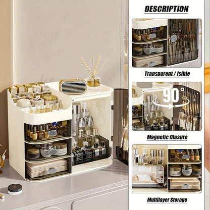 Makeup Organizer with 3 Drawers and Mirror - Large Capacity Cosmetic Storage Box Vanity Organizer for Skincare Contact Lens Display Case Bathroom Counter Organizer | Transparent Black Cream White