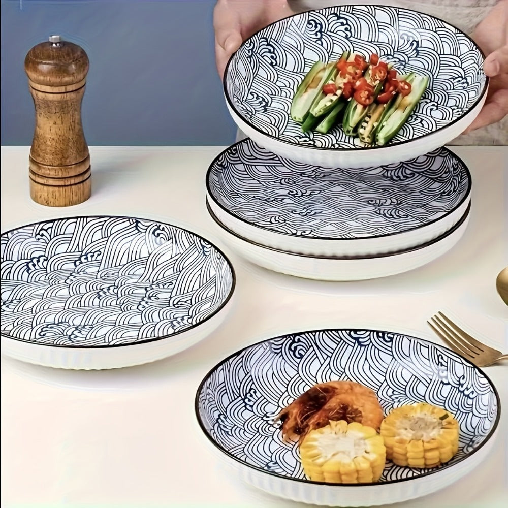 Japanese Ceramic Plates Set of 4 – Floral Yamada Pattern Dinnerware, 7-Inch Round Serving Plates with Non-Slip Edge, Underglaze Color, Nordic Style Steak & Salad Dish