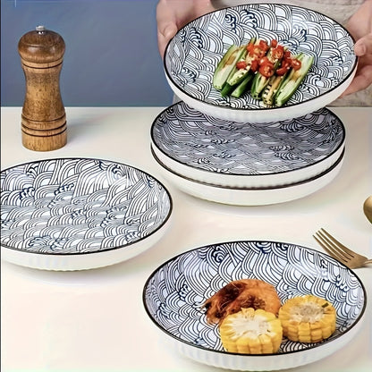 Japanese Ceramic Plates Set of 4 – Floral Yamada Pattern Dinnerware, 7-Inch Round Serving Plates with Non-Slip Edge, Underglaze Color, Nordic Style Steak & Salad Dish