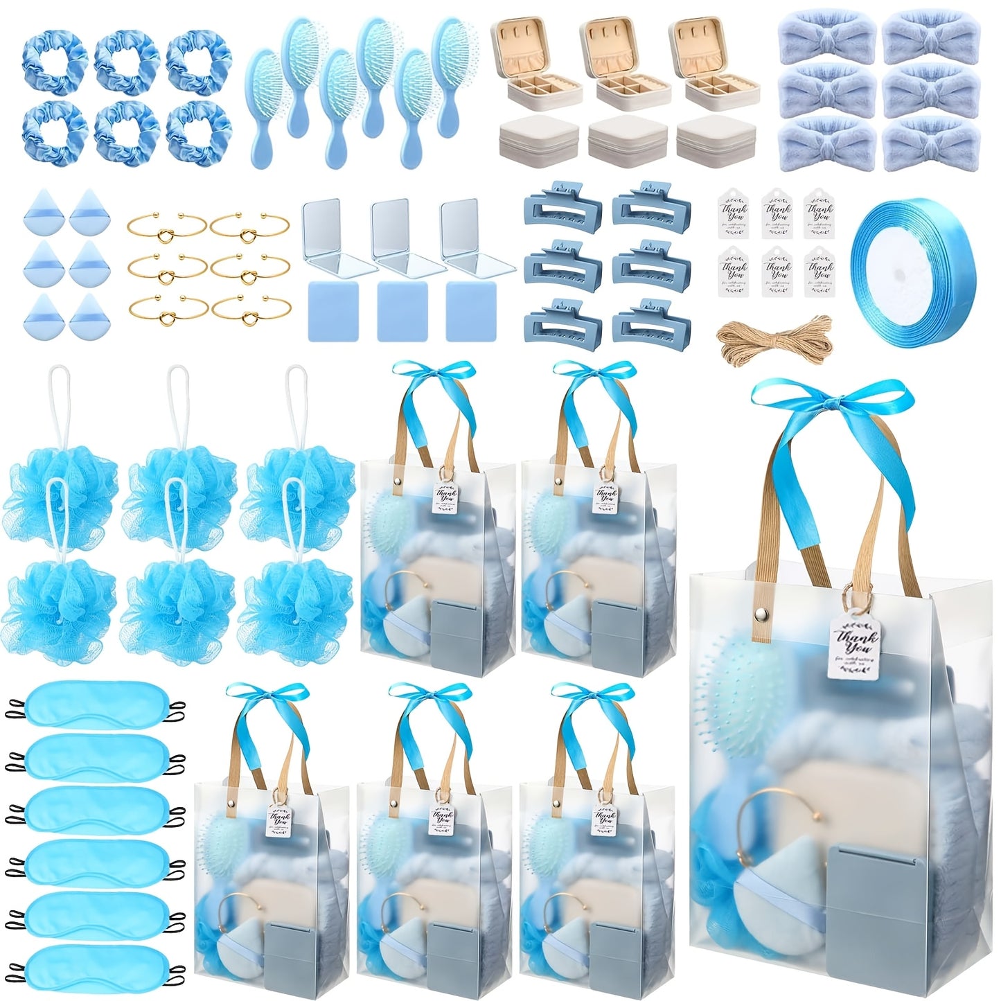 Party Favor Gift Set 74pcs – Headbands, Hair Brushes, Bracelets, Mirrors, Powder Puffs, Hair Ties, Clips, Bath Sponges & Jewelry Boxes with Gift Bags for Bridal Shower, Wedding, Christmas & Events (Pink/Blue)