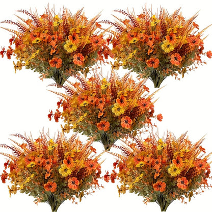 Artificial Autumn Flowers Set of 8 UV Resistant Fake Fall Floral Stems Mix Colors Indoor Outdoor Home Decor Vase Arrangement Fireplace Porch Garden Living Room