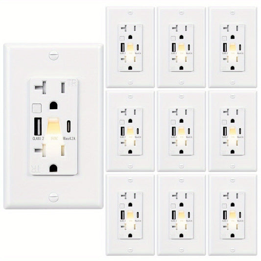 USB Wall Outlet with Night Light 20A 125V Tamper-Resistant - Type A & Type C Ports 5V 4.2A Fast Charging - ETL Listed USB C Electrical Outlet with Wallplate Included - White Smart USB Socket
