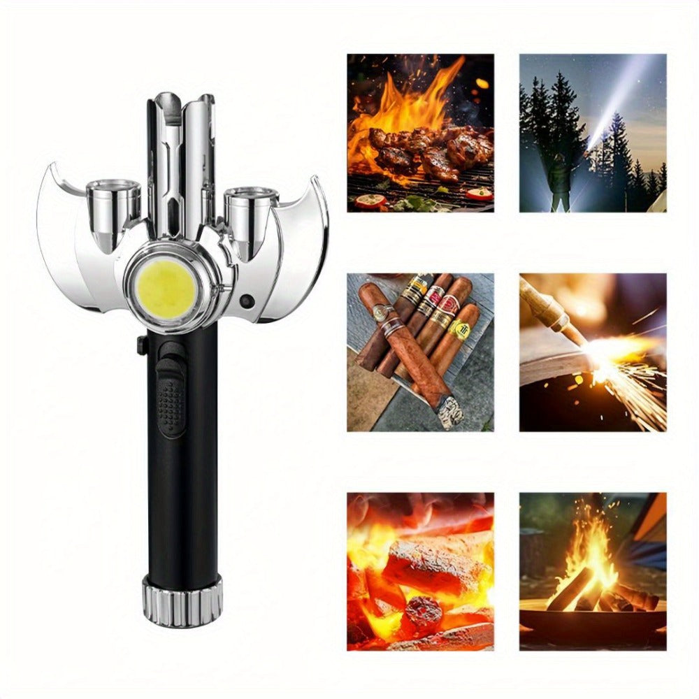 Torch Lighter Metal Jet Flame, Large Windproof Butane Torch with COB Light, High-Power Refillable Flamethrower for Barbecue, Baking, Camping, Moxibustion & Outdoor Use – Black & Silver (Butane Not Included)