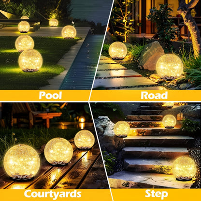 Solar Garden Globe Lights 4 Pack Cracked Glass Ball Outdoor Solar Sphere Lights with 30 LED Warm White IP65 Waterproof Auto On Off for Garden Patio Lawn Yard Pathway Christmas Decoration