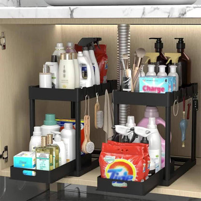 Under Sink Organizer 2pcs Double Tier Sliding Storage Basket with 8 Hooks – Kitchen Bathroom Cabinet Rack Shelf