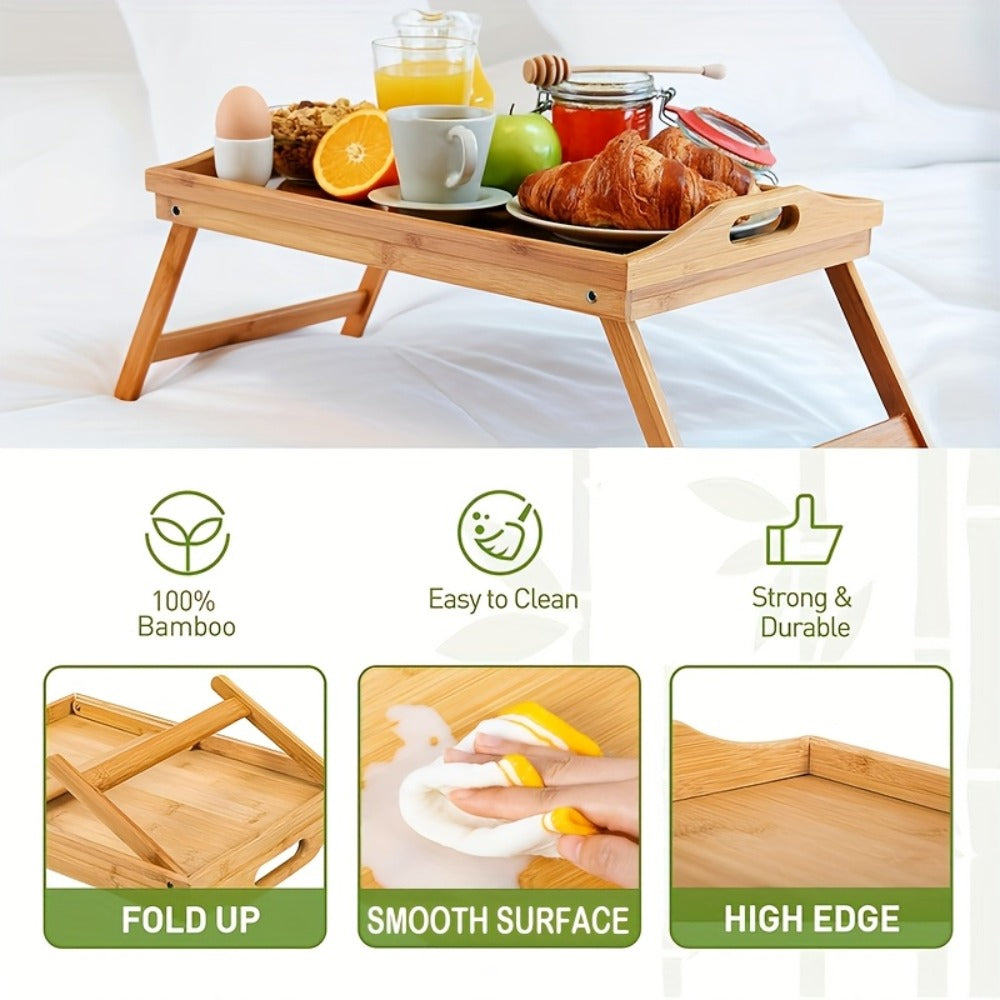 Bamboo Bed Tray Table with Folding Legs & Handles – Breakfast Sofa Lap Desk, 19.32" x 11.83", Natural Bamboo
