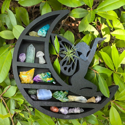 Crescent Moon Crystal Display Shelf Wooden Floating Wall Shelf for Crystals, Gems & Boho Decor – MoonFairy Style Witchy Home Decoration