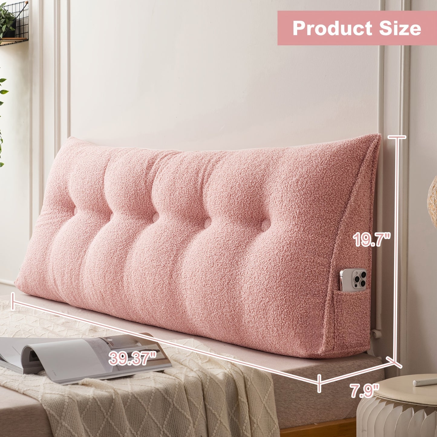 Bed Wedge Pillow Headboard Pillow with Side Pockets Removable Washable Cover Teddy Velvet Reading Pillow Twin Queen King