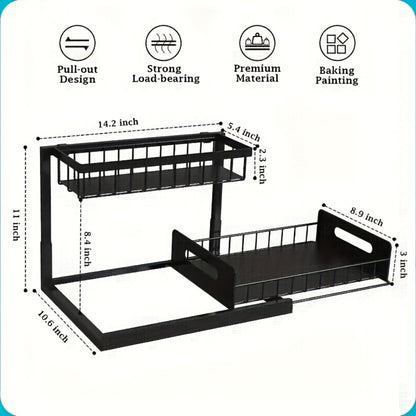 Under Sink Organizer Pull Out, 2-Tier Slide Out Cabinet Organizer with Adjustable Shelves, Under Sink Storage Rack for Kitchen Bathroom Cabinet Organization