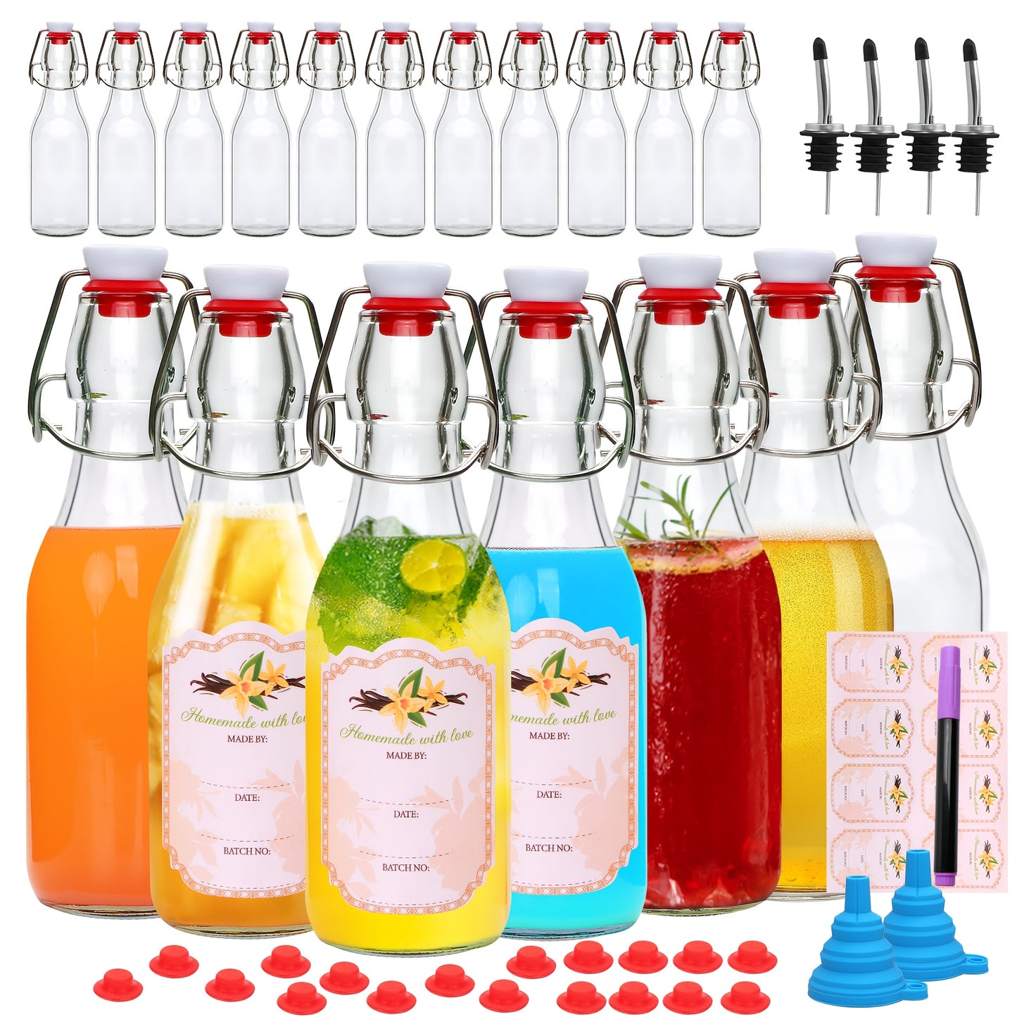 Glass Swing Top Bottles 8.45oz – Round Iron Clasp Airtight Bottle Set with Funnel for Juice, Kombucha, Syrup & Oil Storage, Reusable Flip Cap Glass Bottles (6, 9, 12 or 18 Pack)