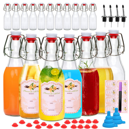 Glass Swing Top Bottles 8.45oz – Round Iron Clasp Airtight Bottle Set with Funnel for Juice, Kombucha, Syrup & Oil Storage, Reusable Flip Cap Glass Bottles (6, 9, 12 or 18 Pack)