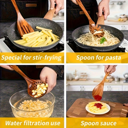 Wooden Kitchen Utensils Set – Natural Wood Spoon Spatula & Wok Spatula with Ergonomic Handle, Heat-Resistant Non-Stick Safe Cooking Tools, Easy to Clean Durable Kitchen Essentials (5 / 6 / 10 Piece Sets)