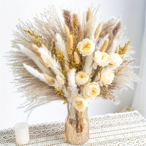 Dried Flower Bouquet Pampas Grass with Artificial White Beige Roses 51 91pcs Boho Dried Floral Arrangement for Wedding Centerpiece Farmhouse Home Table Decor Rustic Vase Filler No Maintenance