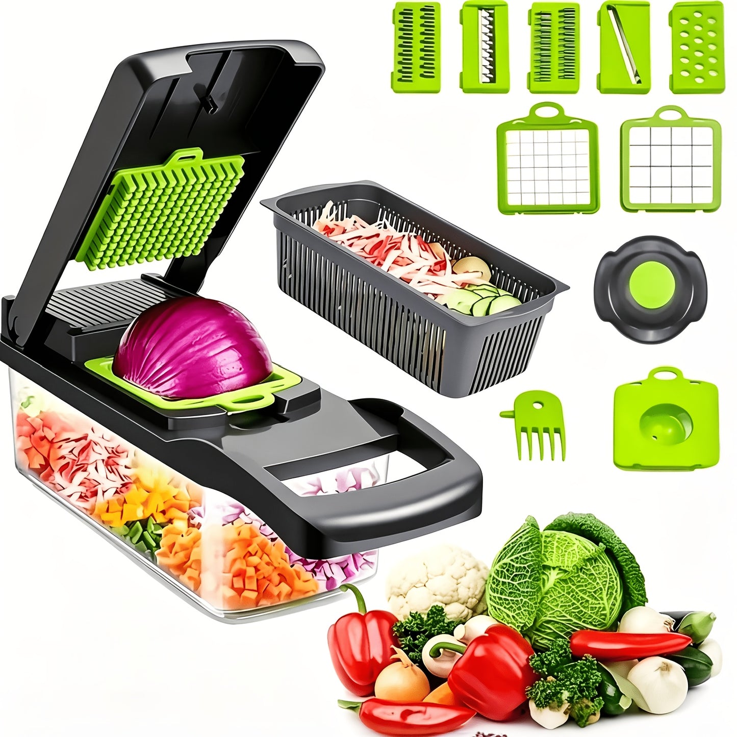 14-in-1 Vegetable Chopper & Food Dicer | Stainless Steel Blades, Large Capacity Collector, Egg Separator, Easy Clean – Manual Kitchen Slicer Grater