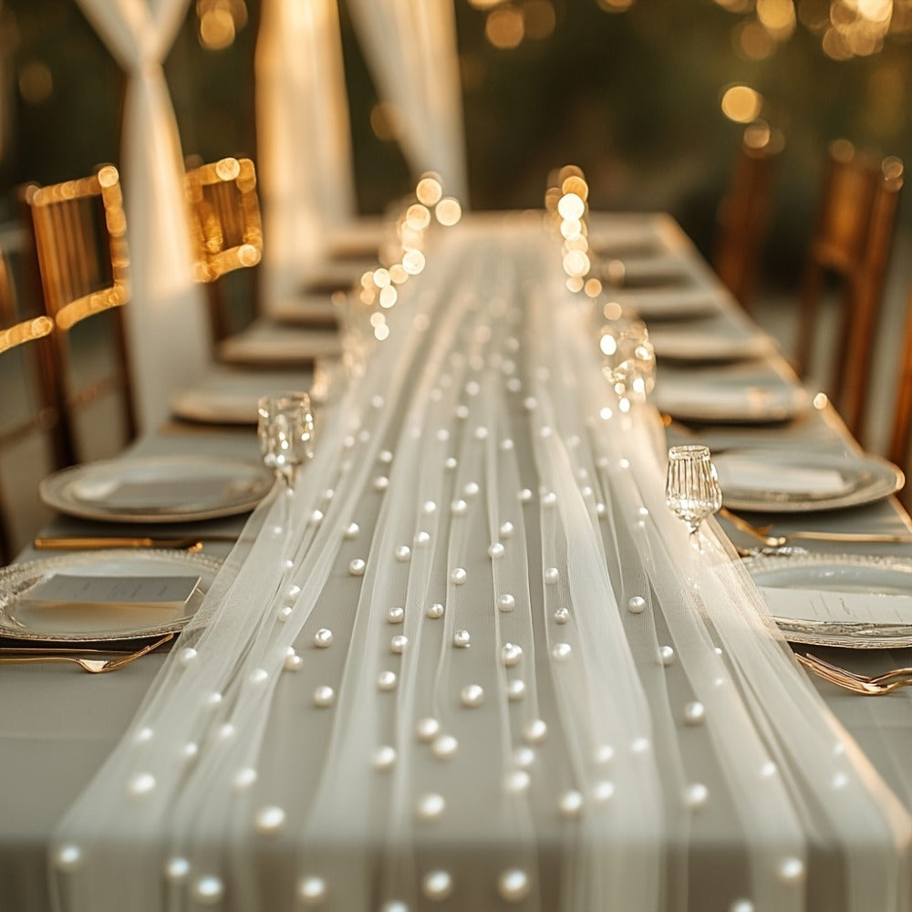White Pearl Beaded Tulle Table Runner 2.5×9.8ft | Wedding Ceremony Backdrop, Birthday Party & Valentine's Day Romantic Decor, Sheer Mesh Fabric 3PCS